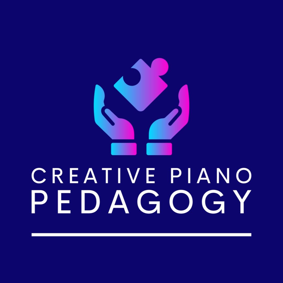 A blue square with rainbow colored hands holding a puzzle piece with the words "Creative Piano Pedagogy" below in white letters.